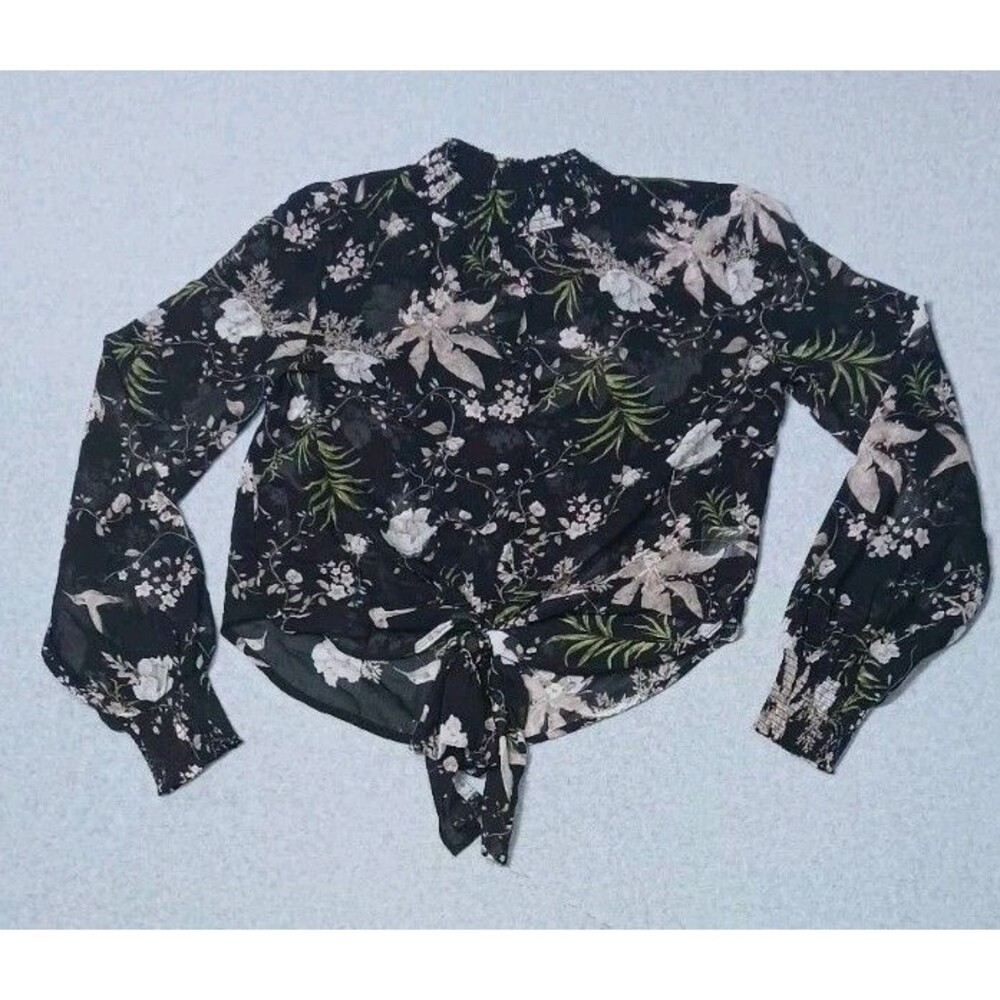 Rachel Zoe Smocked Neck Sheer Long Sleeve Blouse Size Small Black Dark Floral